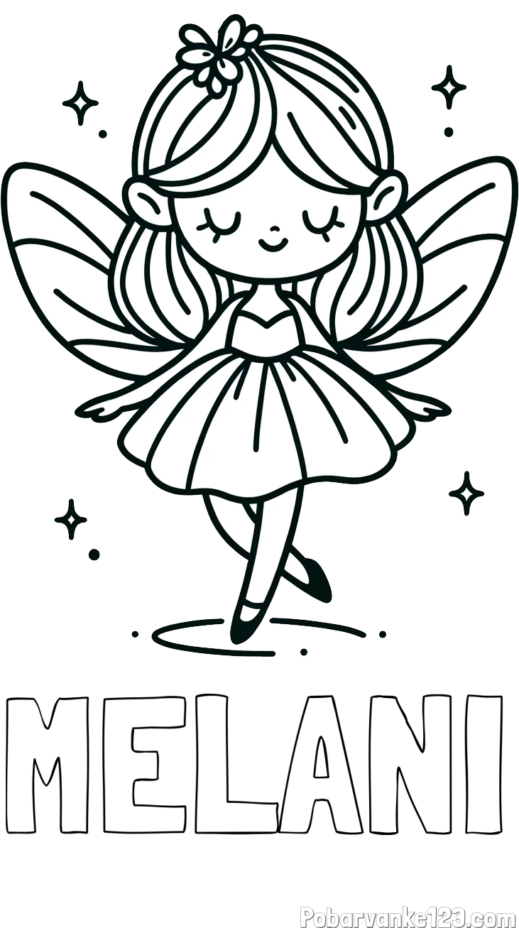 Pobarvanka imena MELANI in enostavna pobarvanka čarobne vile