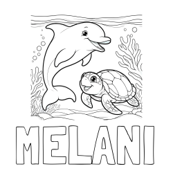 Online izdelana pobarvanka - Pobarvanka imena MELANI in pobarvanka ljubkega delfina z želvo v morju