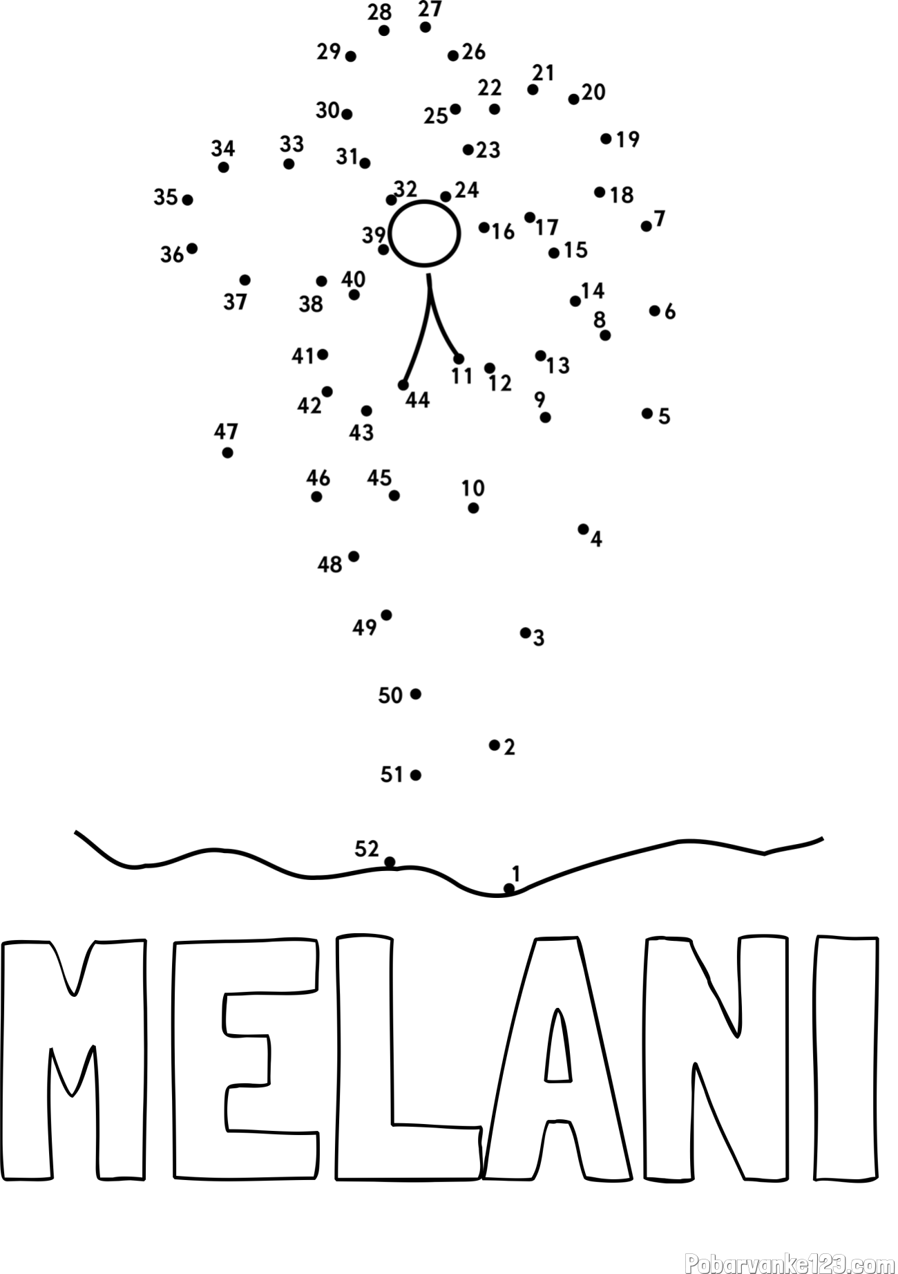 Pobarvanka imena MELANI in pobarvanka rože - poveži številke