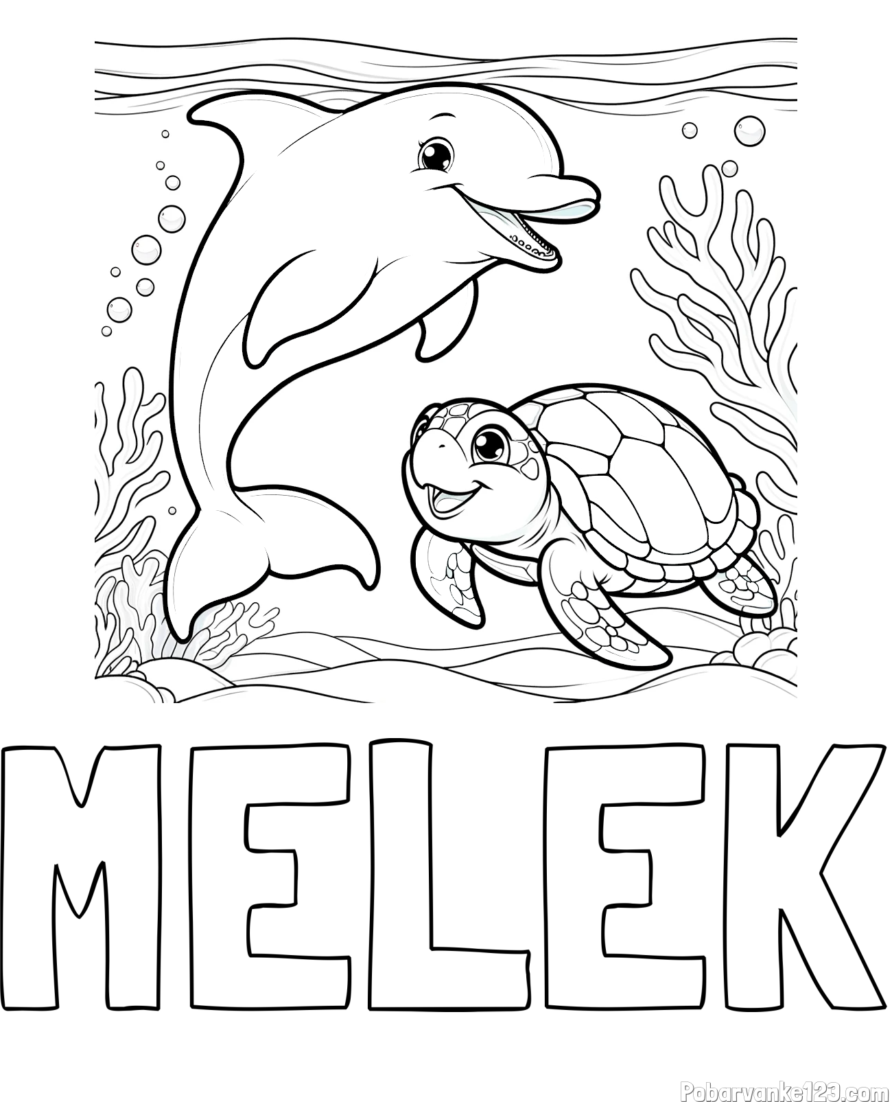 Pobarvanka imena MELEK in pobarvanka ljubkega delfina z želvo v morju