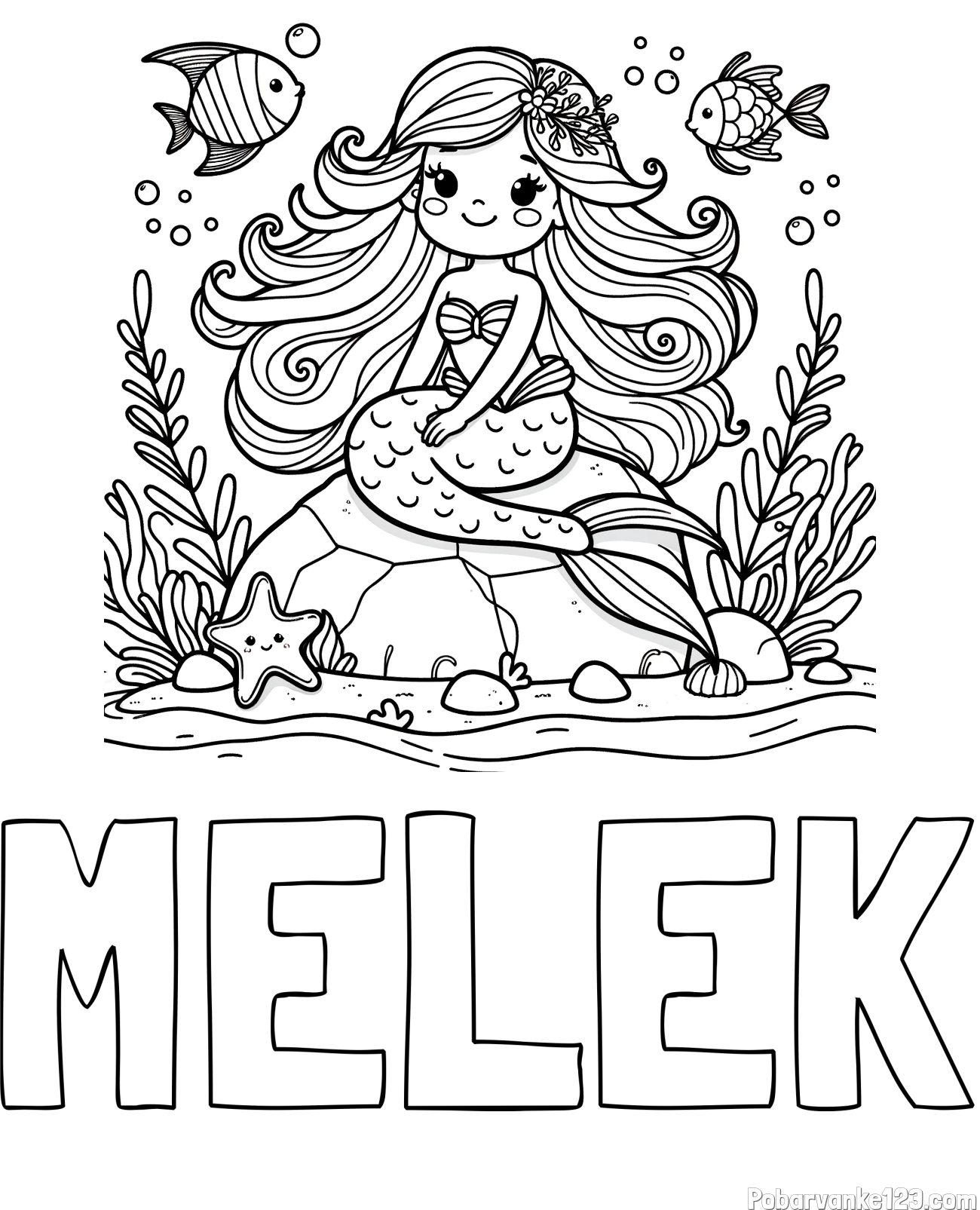 Pobarvanka imena MELEK in pobarvanka prikupne male morske deklice