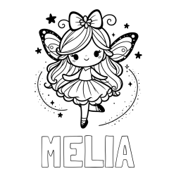 Online izdelana pobarvanka - Pobarvanka imena MELIA in ljubka čarobna vila