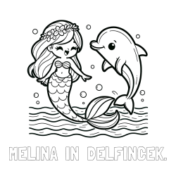 Online izdelana pobarvanka - Pobarvanka imena MELINA  IN  DELFINCEK. in pobarvanka ljubke morske deklice, ki pleše z delfinom