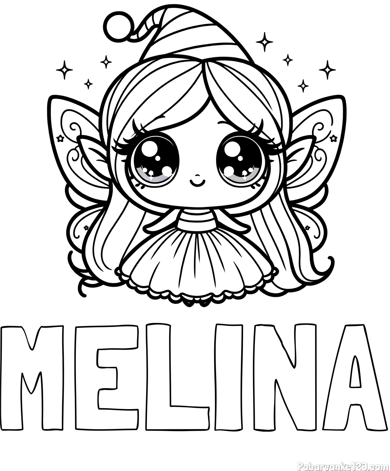 Pobarvanka imena MELINA in pobarvanka ljubke čarobne vile z velikimi očmi