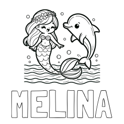 Online izdelana pobarvanka - Pobarvanka imena MELINA in pobarvanka ljubke morske deklice, ki pleše z delfinom