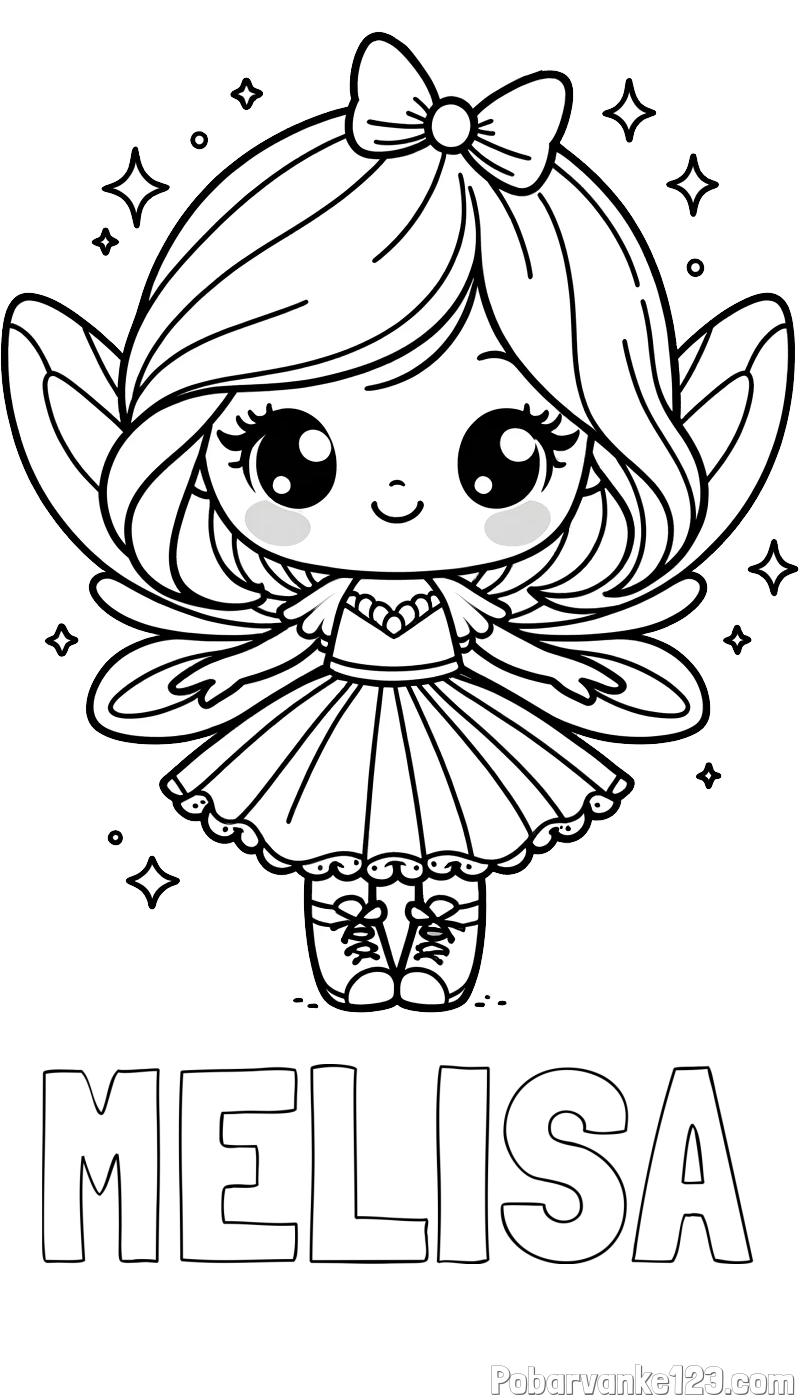 Pobarvanka imena MELISA in pobarvanka čarobne vile z ljubkim obrazom