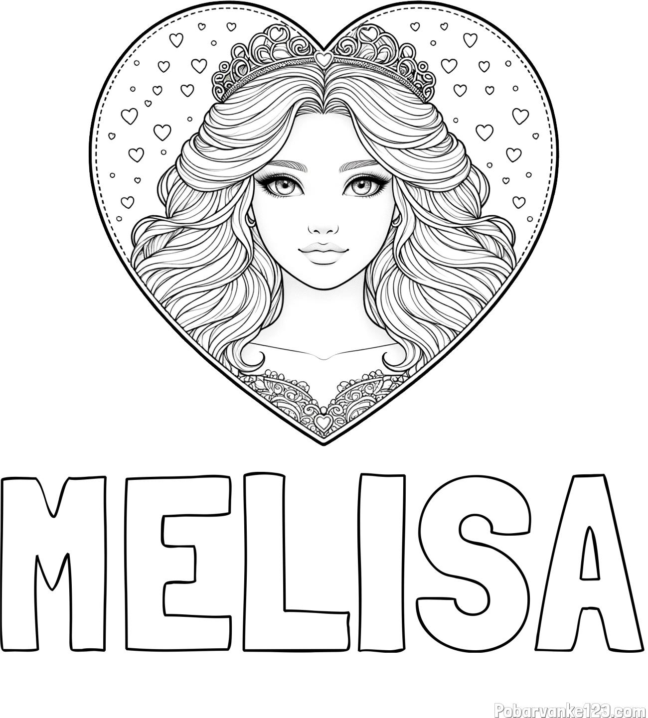 Pobarvanka imena MELISA in pobarvanka ljubke princese v srčku