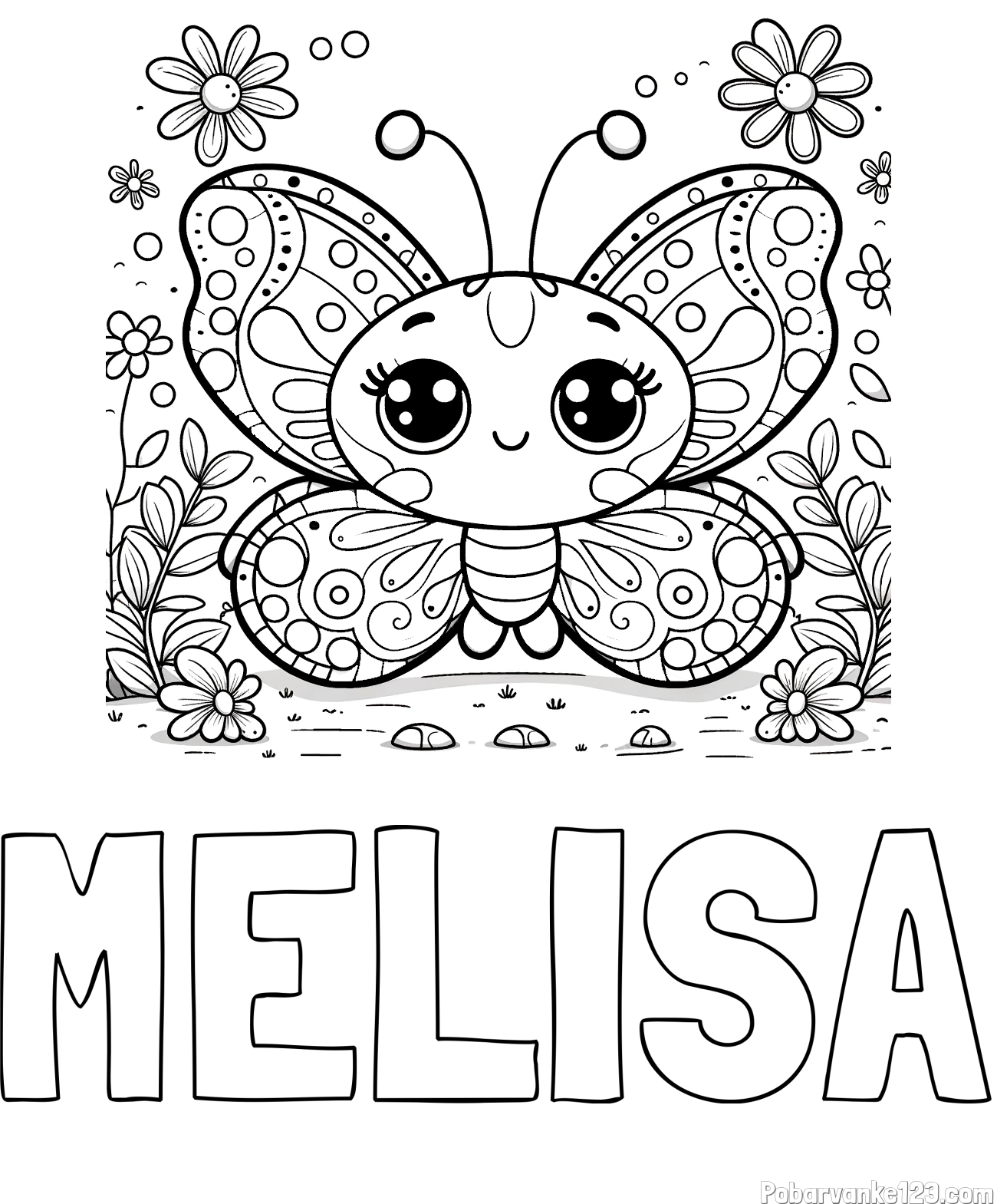 Pobarvanka imena MELISA in pobarvanka ljubkega metuljčka