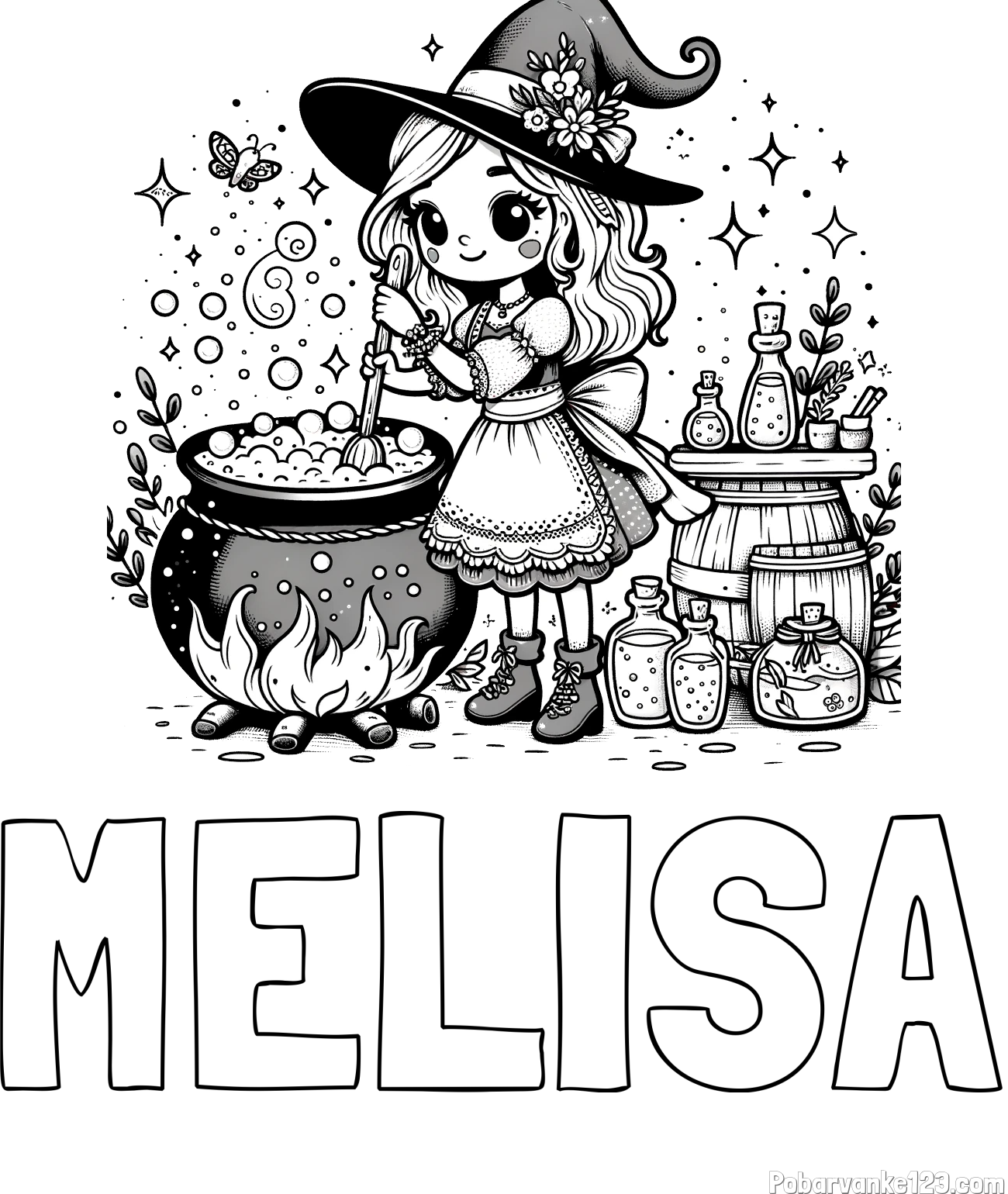 Pobarvanka imena MELISA in pobarvanka prikupna čarovnica, ki pripravlja čarobni napoj