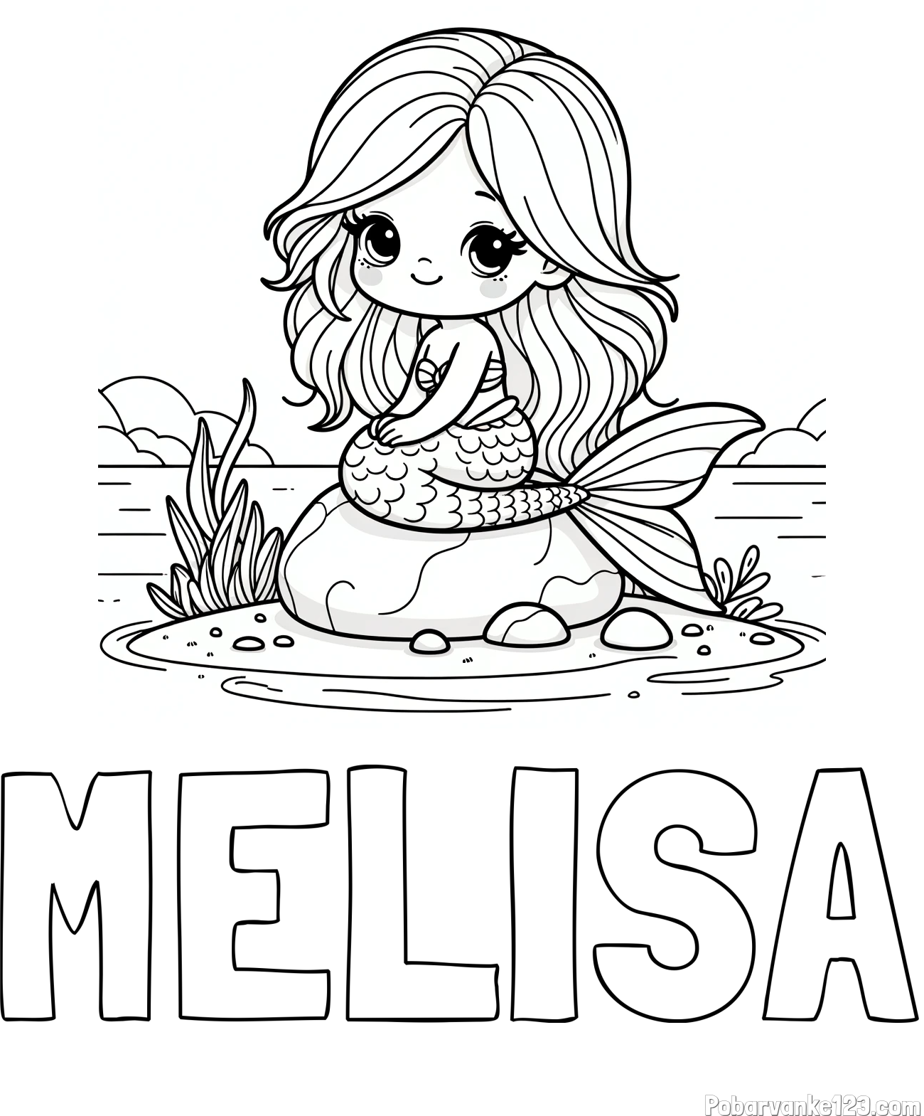 Pobarvanka imena MELISA in pobarvanka prikupne morske deklice, ki sedi na kamnu ob obali