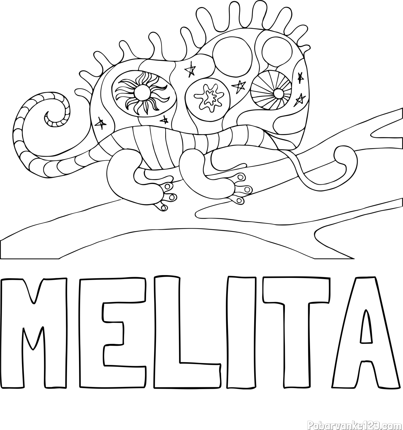 Pobarvanka imena MELITA in pobarvanka kameleona  mandale