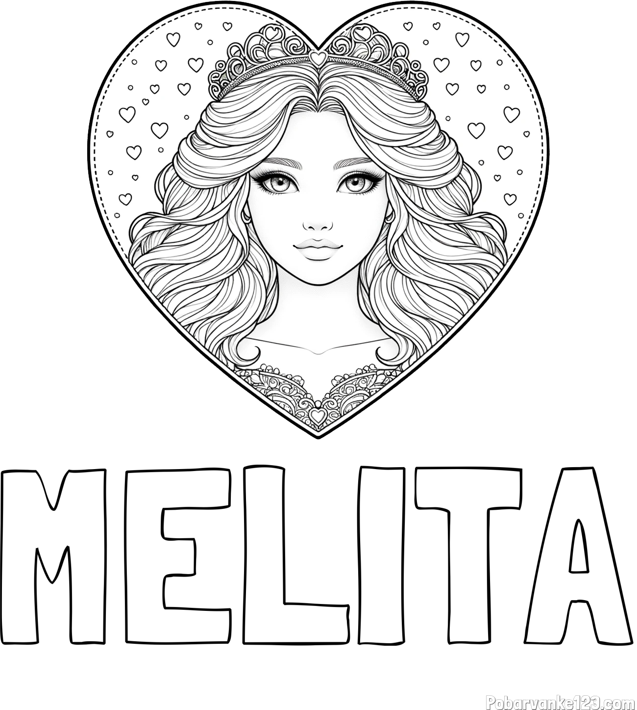 Pobarvanka imena MELITA in pobarvanka ljubke princese v srčku