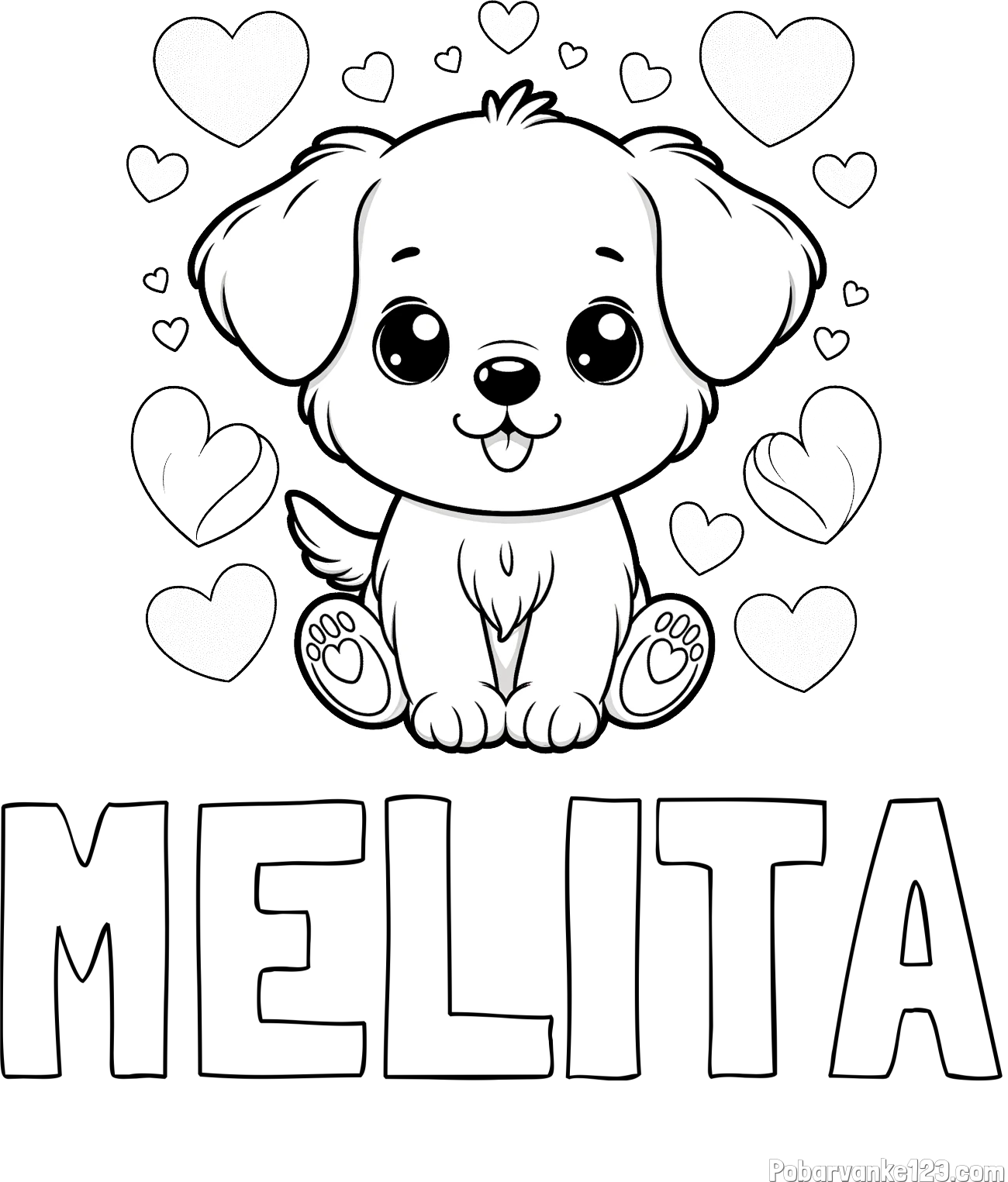 Pobarvanka imena MELITA in pobarvanka ljubkega kužka obdanega s srčki