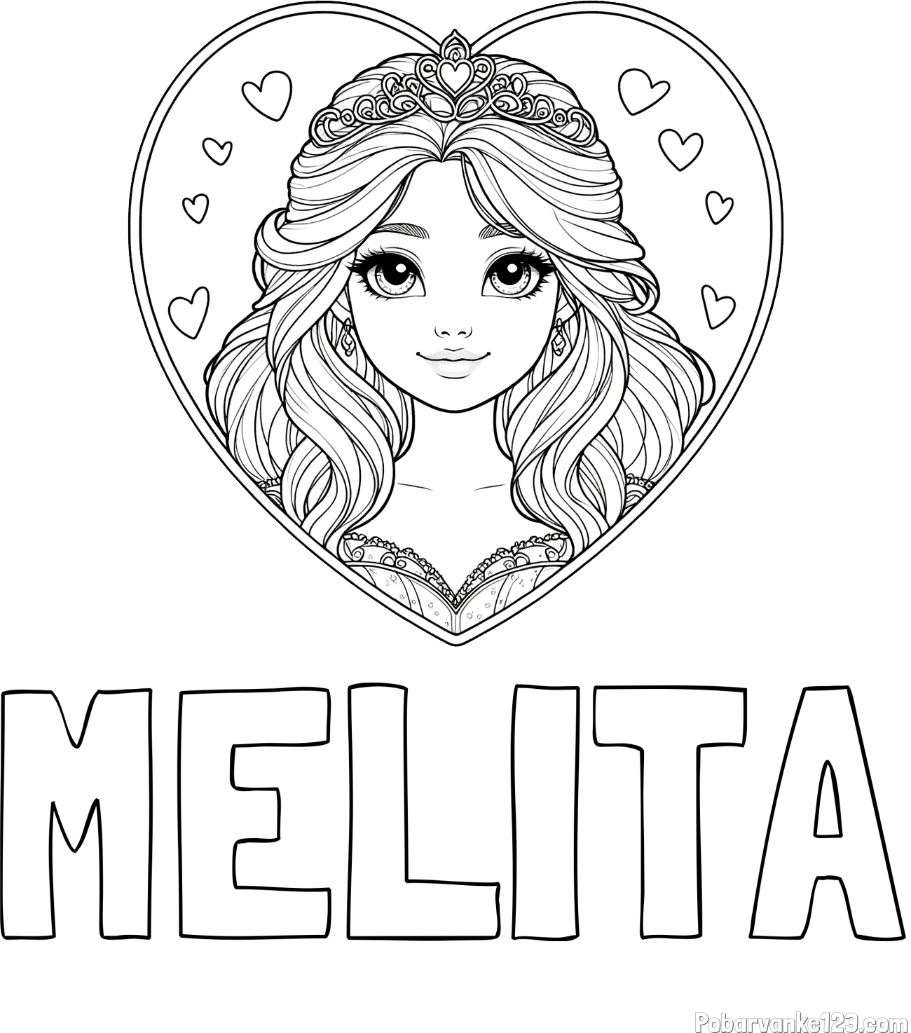 Pobarvanka imena MELITA in pobarvanka princeske ter srčkov