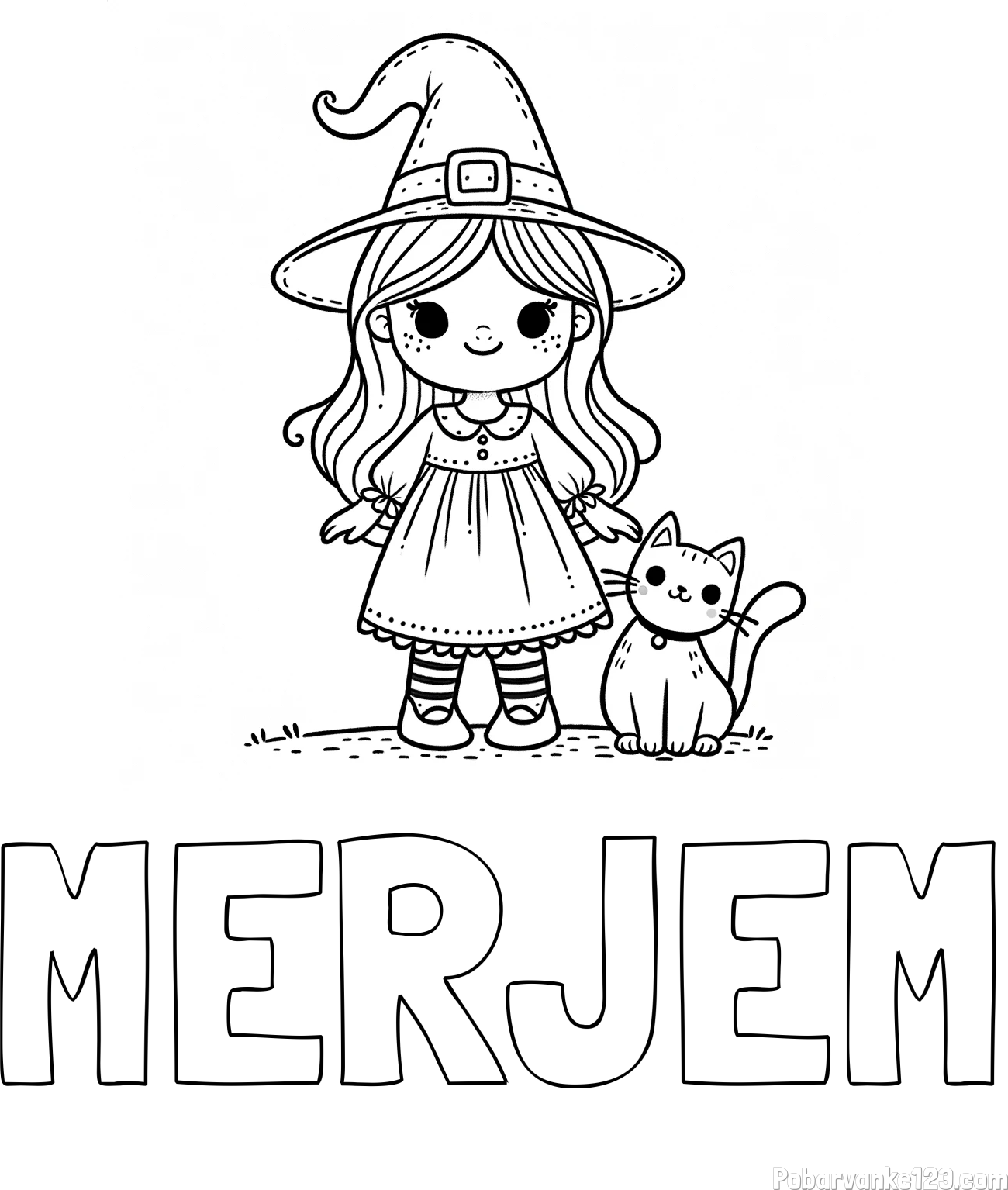 Pobarvanka imena MERJEM in Čudovita pobarvanka ljubke čarovnice in nasmejane mačke