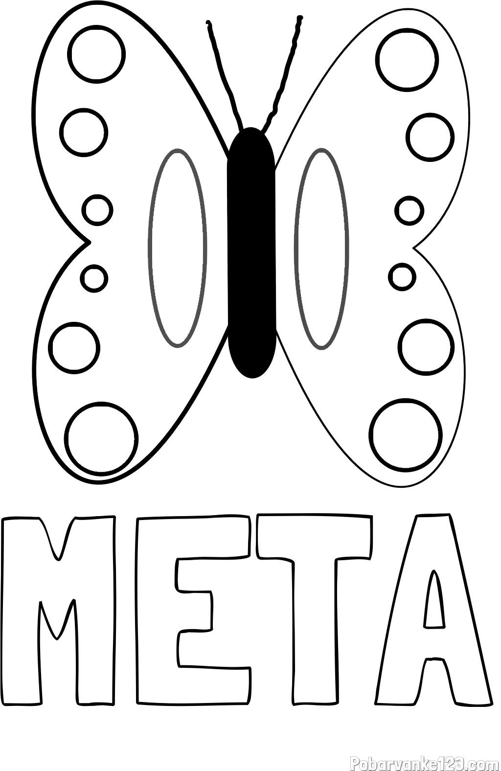 Pobarvanka imena META in preprosta otroška pobarvanka metuljčka
