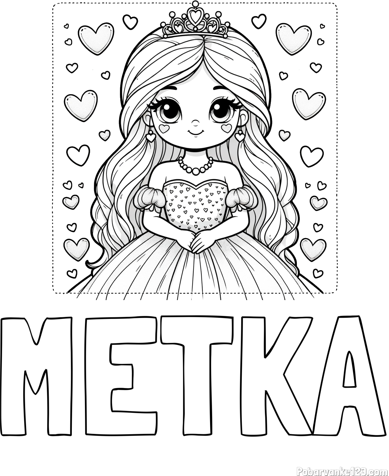 Pobarvanka imena METKA in pobarvanka ljubke princese obdane s srčki