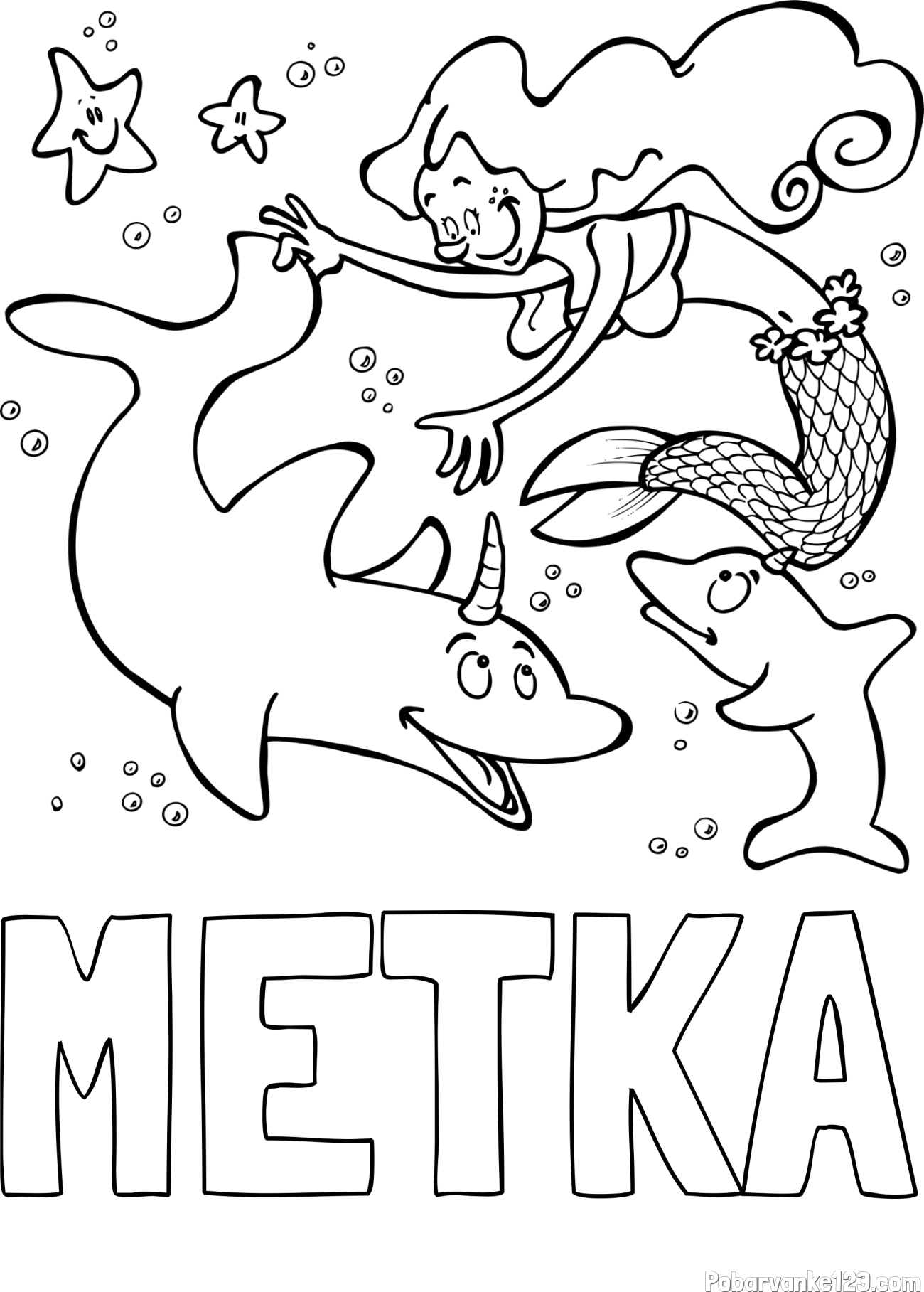 Pobarvanka imena METKA in pobarvanka male morske deklice pri igri s prijatelji