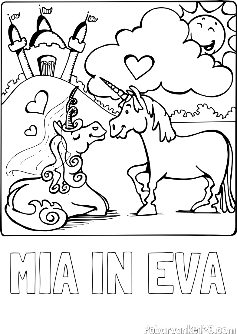 Pobarvanka imena MIA IN EVA in pobarvanka zaljubljenih samorogov