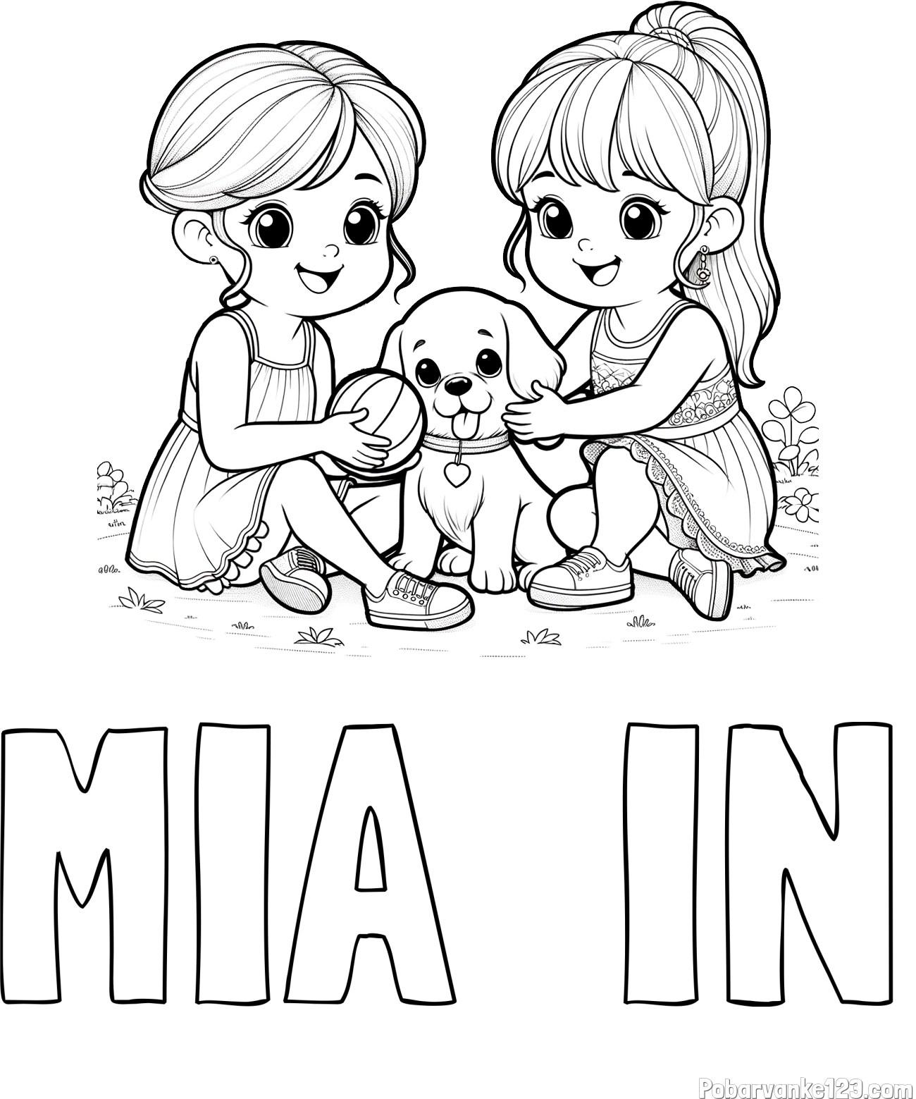 Pobarvanka imena MIA  IN in pobarvanka prijateljic s kužkom