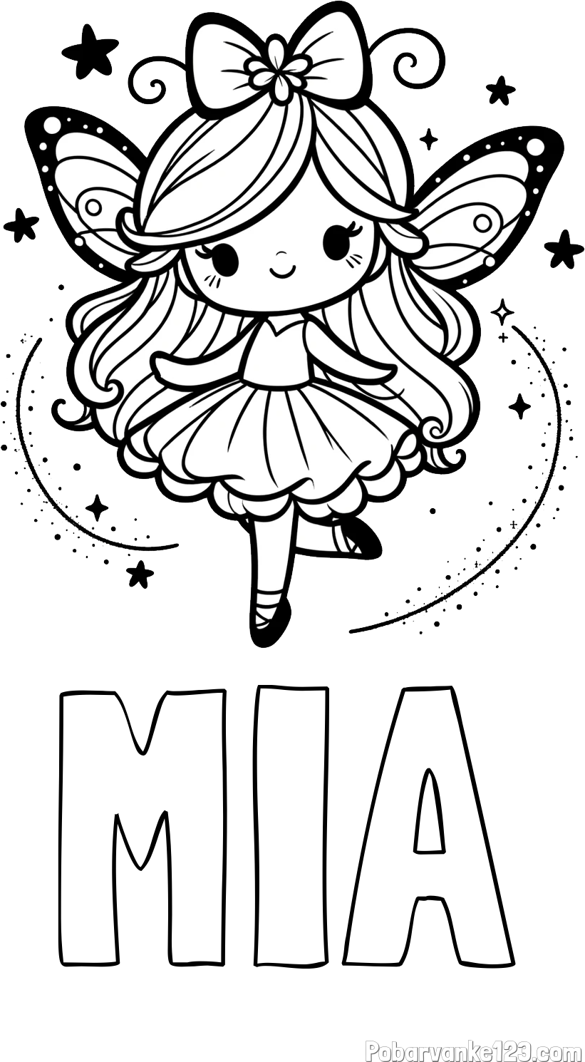 Pobarvanka imena MIA in ljubka čarobna vila