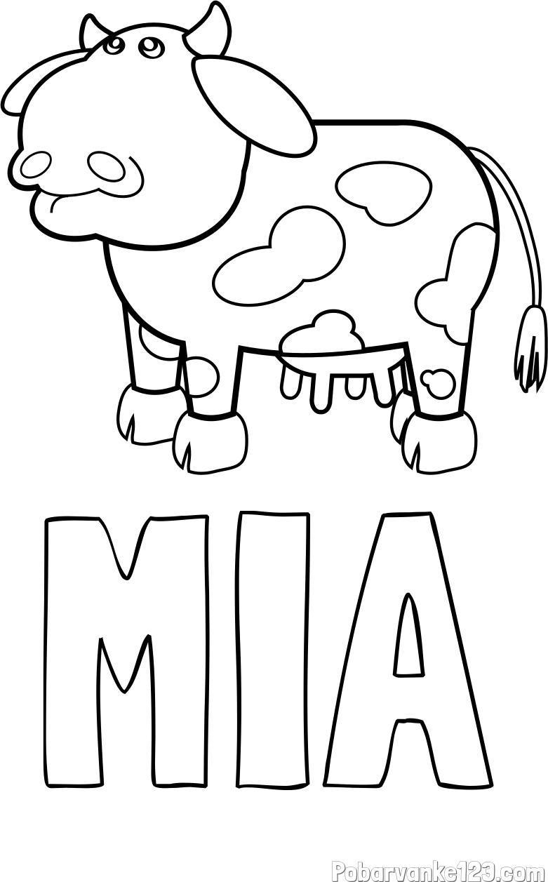 Pobarvanka imena MIA in otroška pobarvanka smešne krave