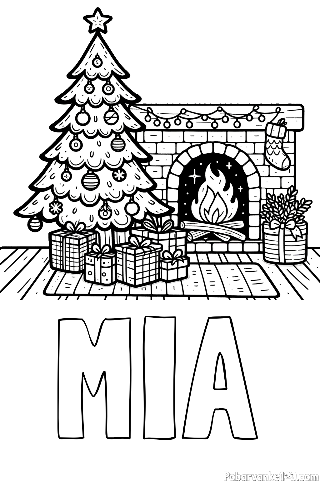 Pobarvanka imena MIA in pobarvanka božične noči z božično smrečico, darili ter kaminom