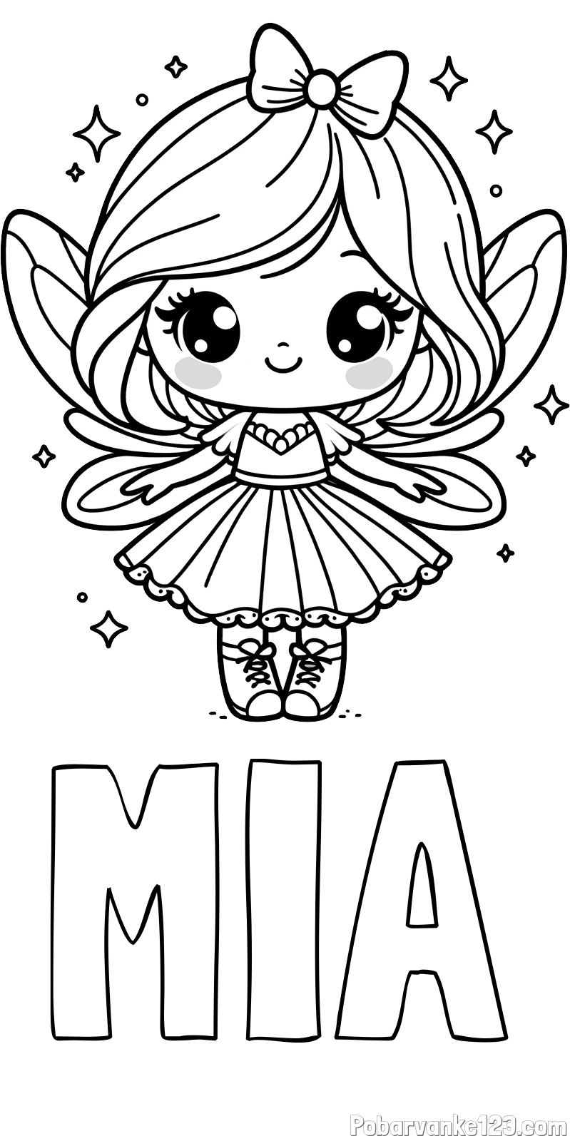 Pobarvanka imena MIA in pobarvanka čarobne vile z ljubkim obrazom