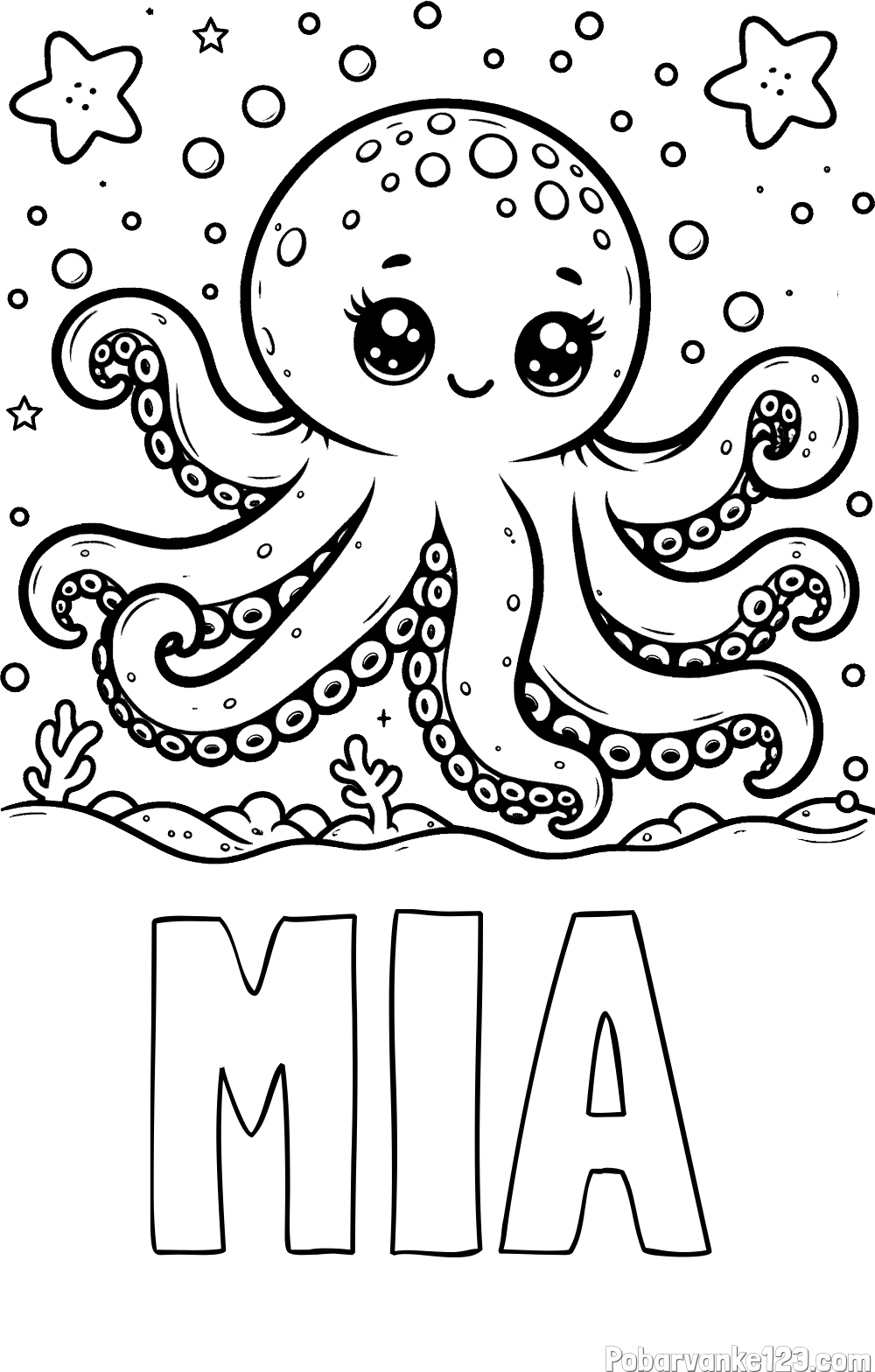 Pobarvanka imena MIA in pobarvanka hobotnice v morju obdane z morskimi zvezdami