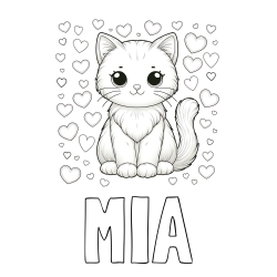 Pobarvanka imena MIA in pobarvanka ljubke mucke obdane s srčki