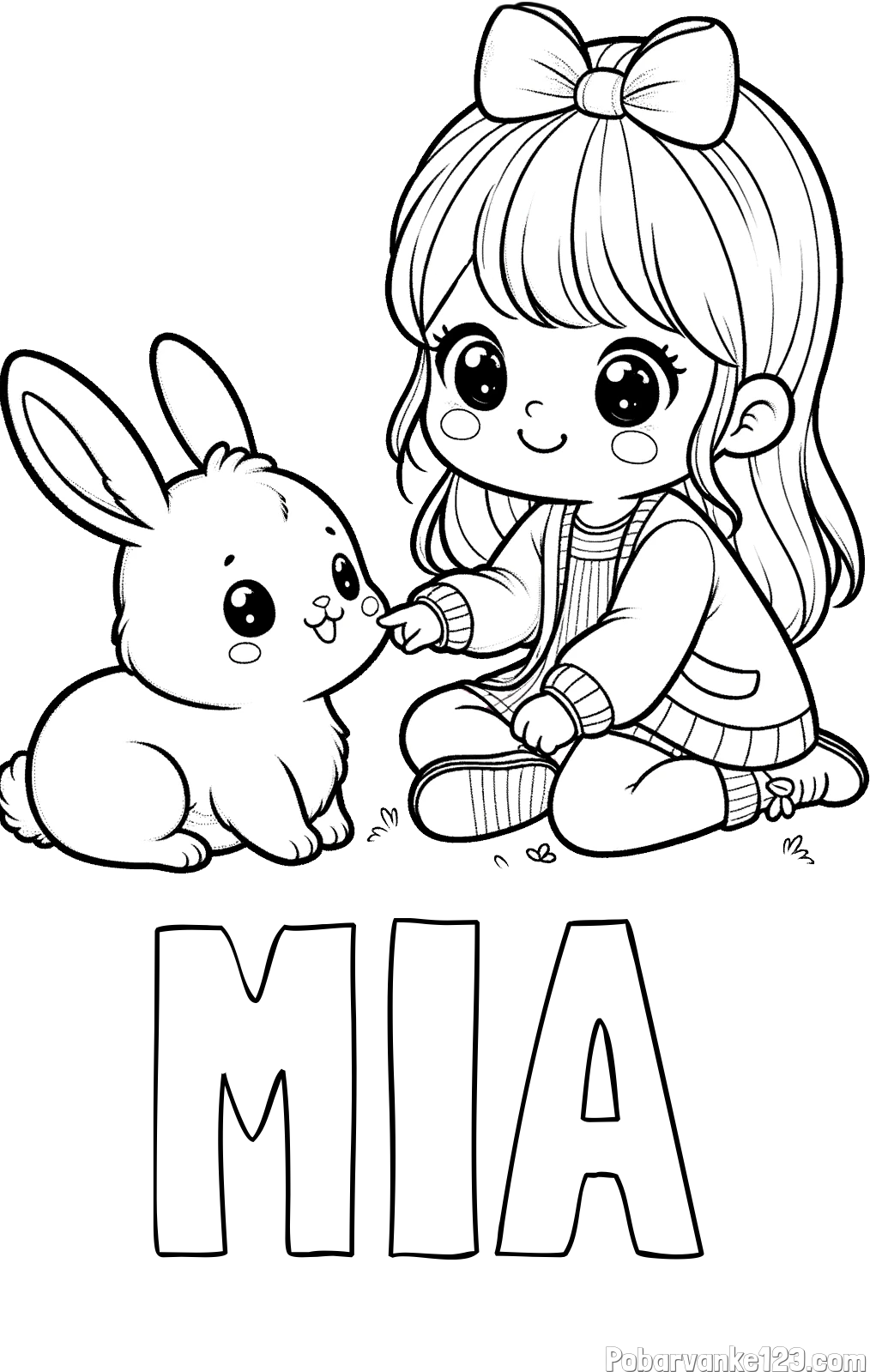 Pobarvanka imena MIA in pobarvanka ljubke punčke, ki se igra z zajčkom