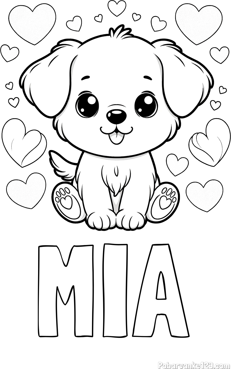 Pobarvanka imena MIA in pobarvanka ljubkega kužka obdanega s srčki