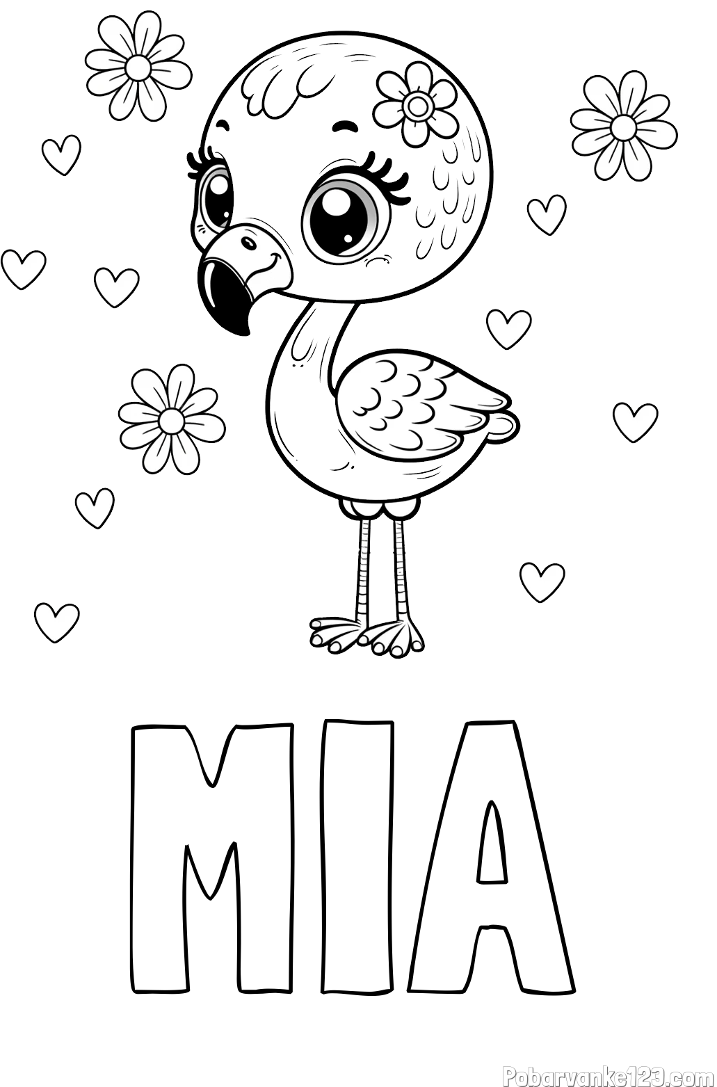 Pobarvanka imena MIA in pobarvanka mladička flaminga z rožicami in srčki