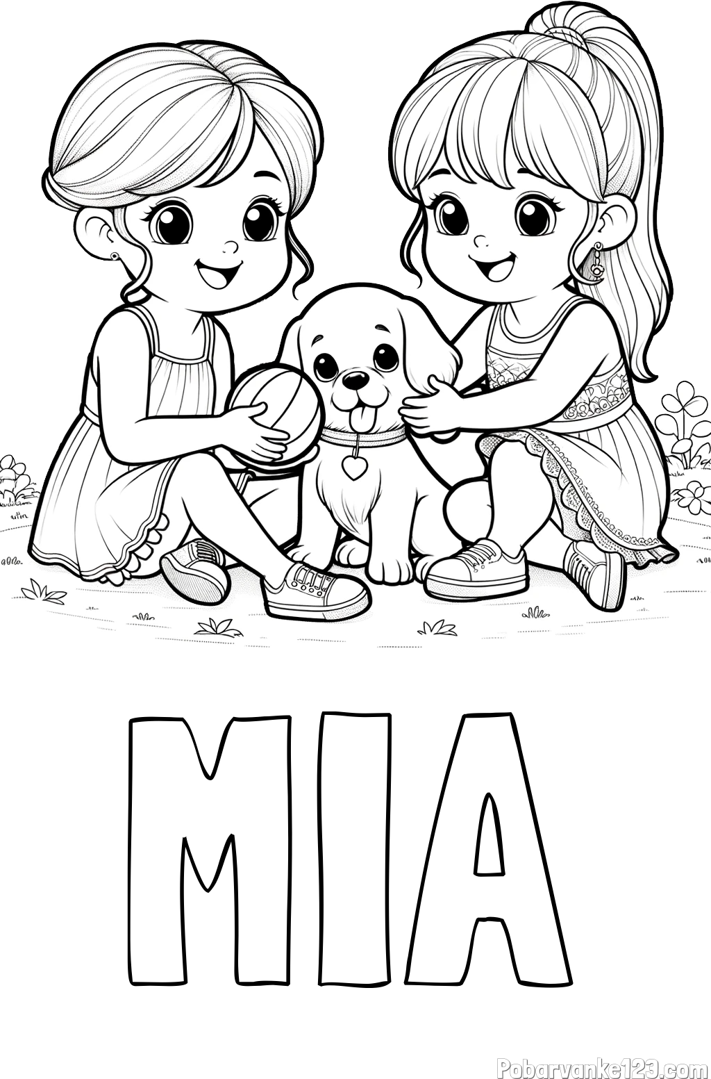 Pobarvanka imena MIA in pobarvanka prijateljic s kužkom