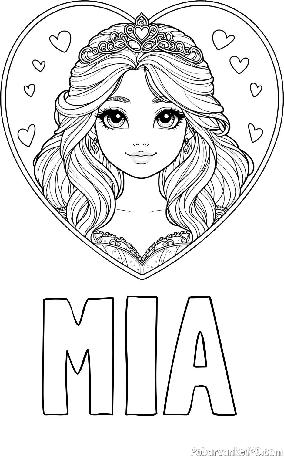 Pobarvanka imena MIA in pobarvanka princeske ter srčkov