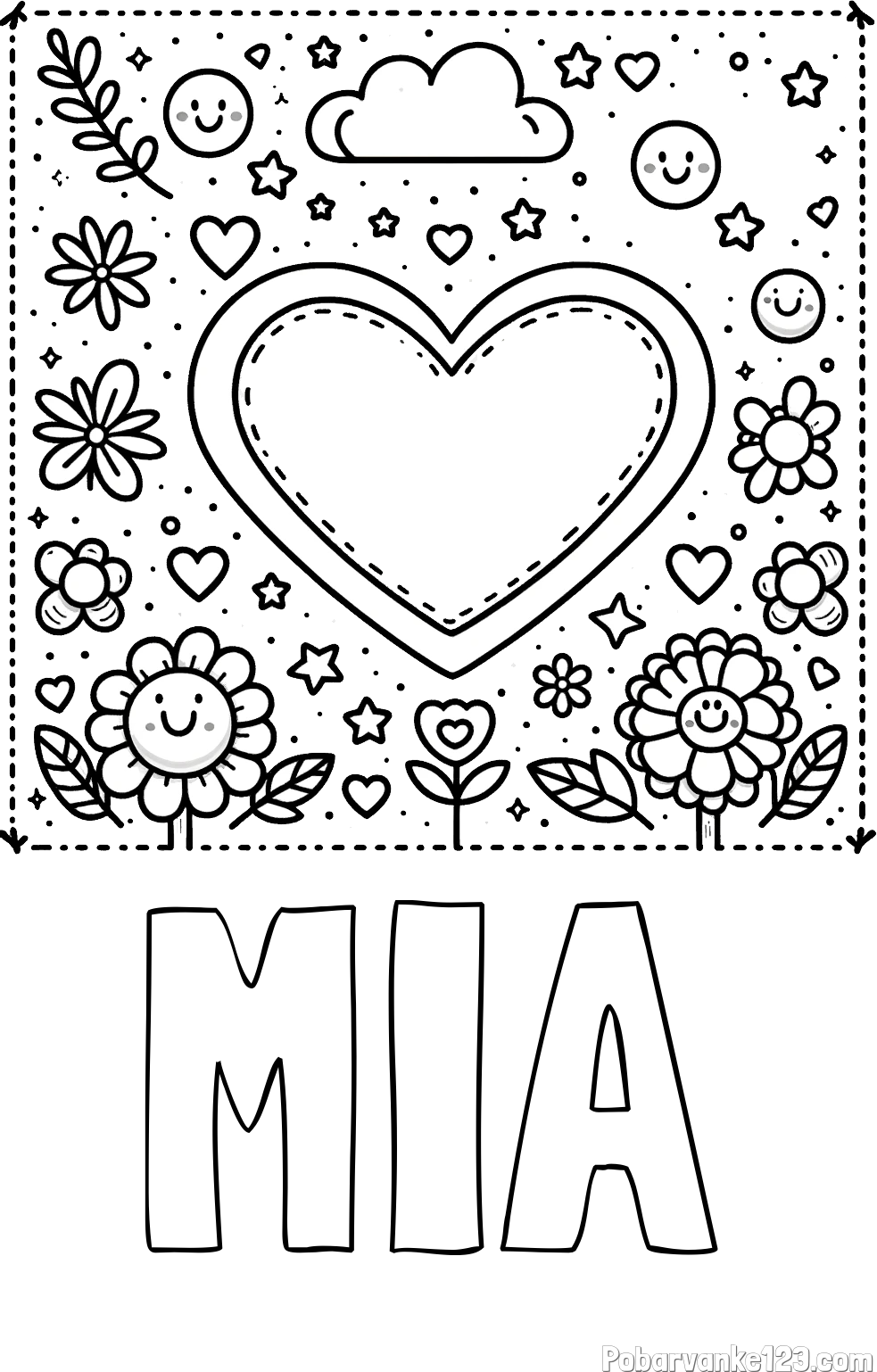 Pobarvanka imena MIA in pobarvanka srčka ter rožic