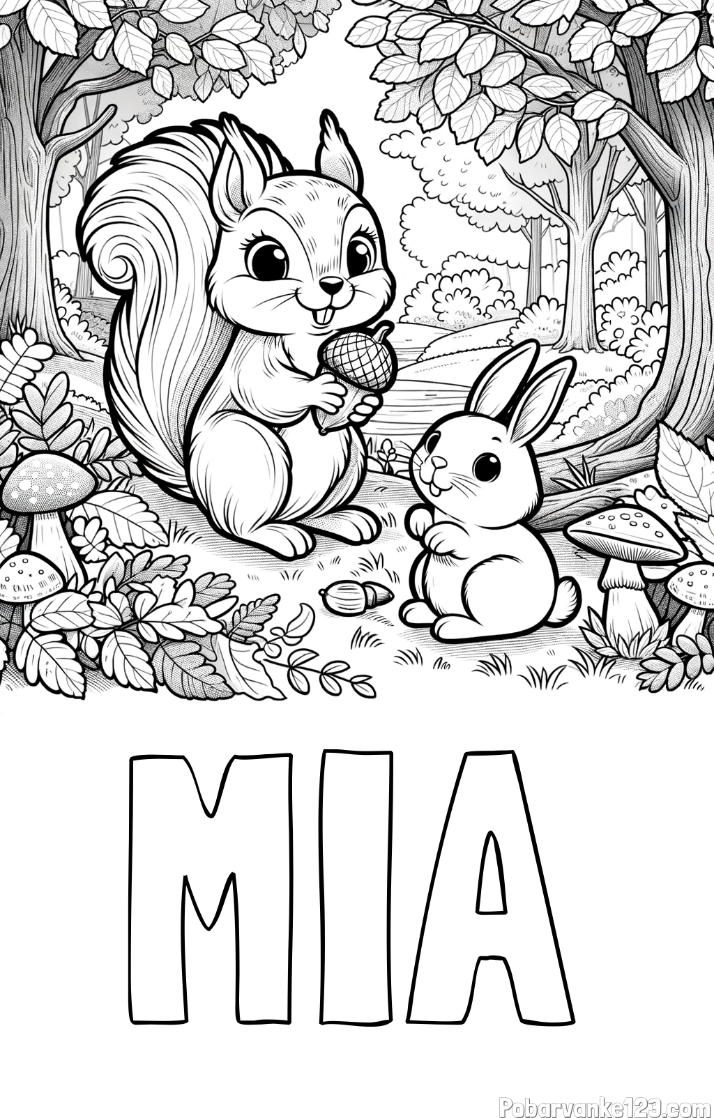 Pobarvanka imena MIA in pobarvanka veveričke in zajčka v gozdu