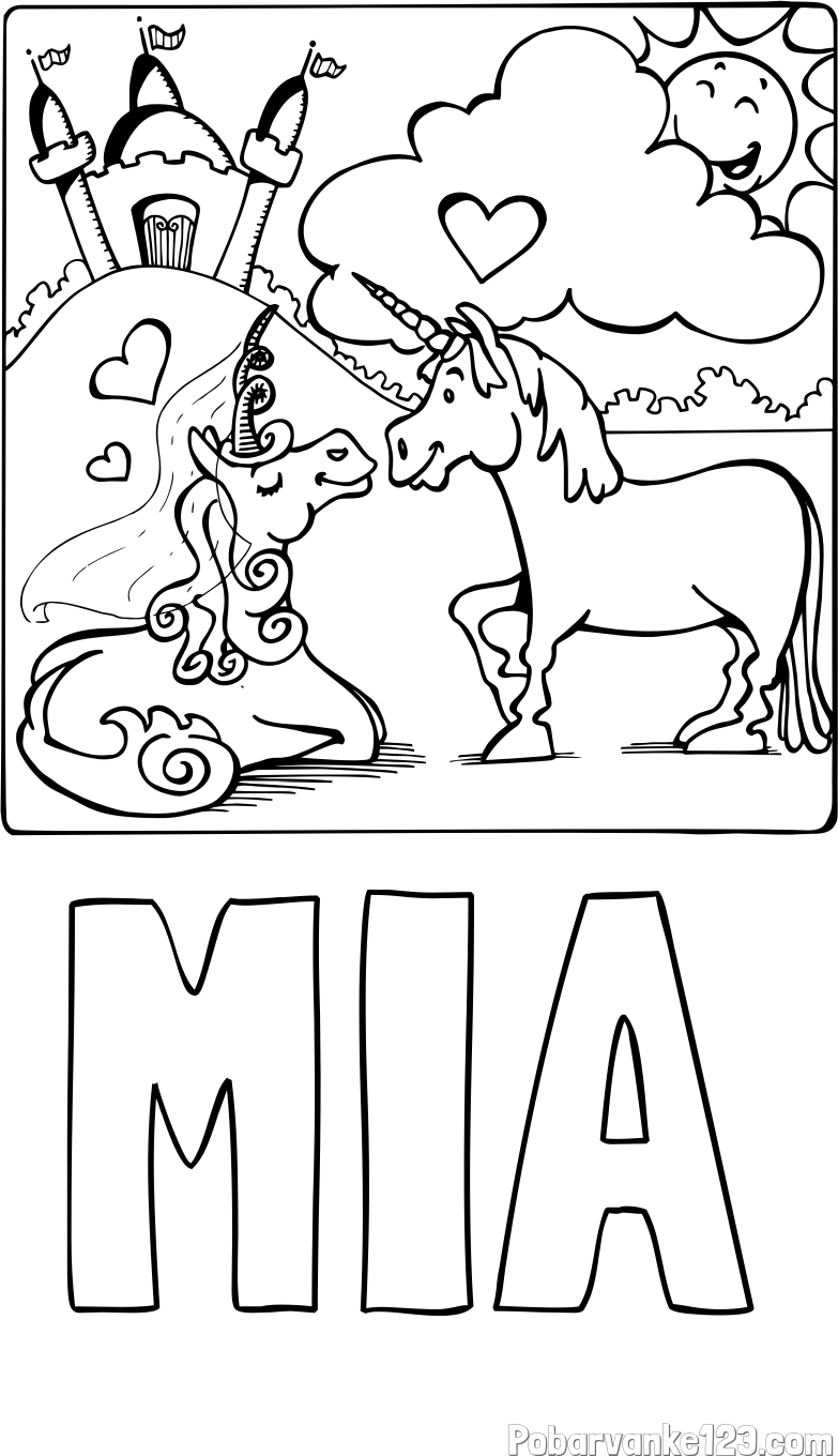 Pobarvanka imena MIA in pobarvanka zaljubljenih samorogov