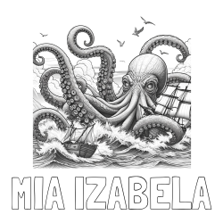 Online izdelana pobarvanka - Pobarvanka imena MIA IZABELA in pobarvanka orjaške hobotnice, ki je napadla veliko gusarsko ladjo