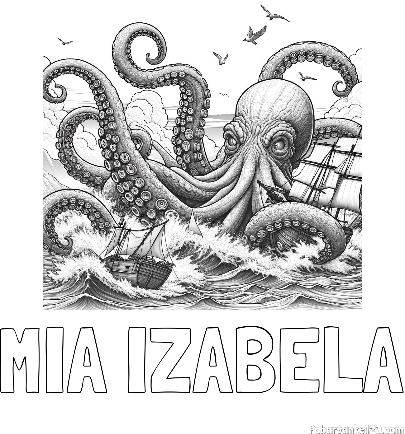 Pobarvanka imena MIA IZABELA in pobarvanka orjaške hobotnice, ki je napadla veliko gusarsko ladjo