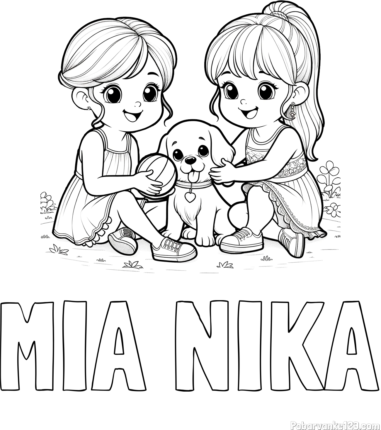 Pobarvanka imena MIA NIKA in pobarvanka prijateljic s kužkom