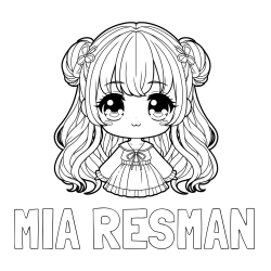 Online izdelana pobarvanka - Pobarvanka imena MIA RESMAN in pobarvanka prikupne punčke v anime slogu