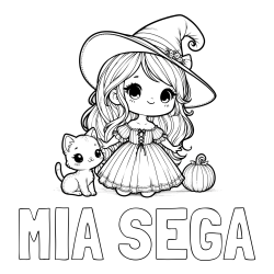 Online izdelana pobarvanka - Pobarvanka imena MIA ŠEGA in pobarvanka ljubke čarovnice, muce in buče
