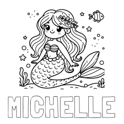 Online izdelana pobarvanka - Pobarvanka imena MICHELLE in pobarvanka ljubke morske deklice v morju