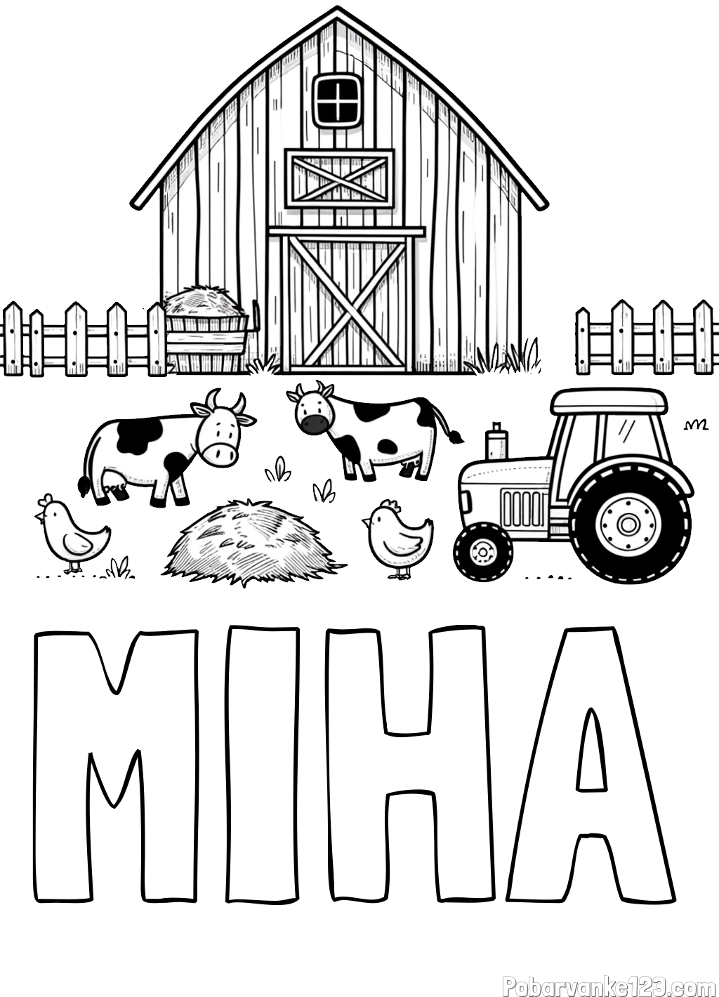 Pobarvanka imena MIHA in otroška pobarvanka velikega senika, krav in traktorja