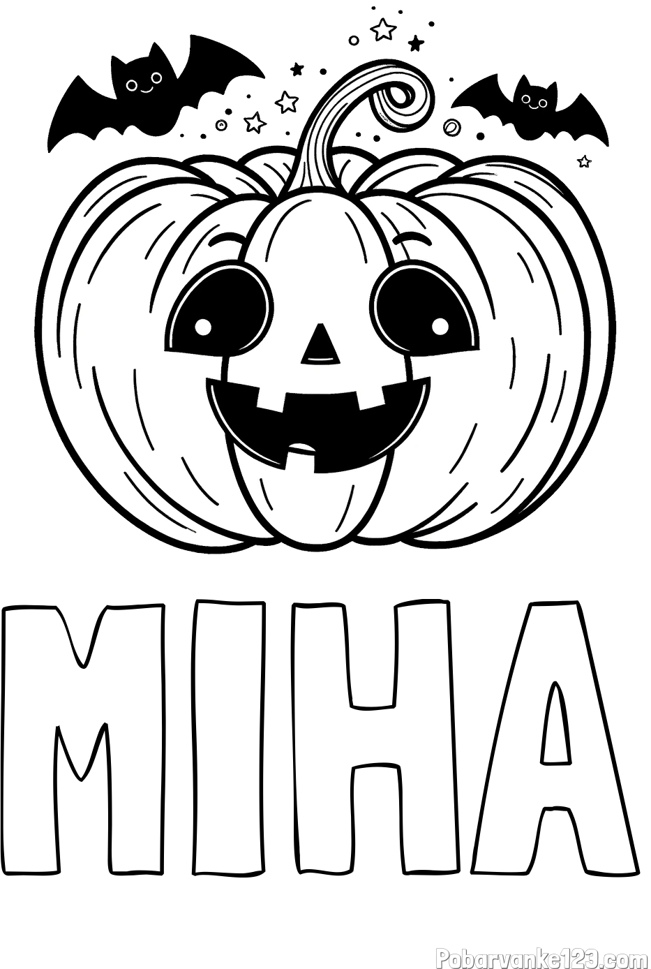 Pobarvanka imena MIHA in pobarvanka nasmejane buče ter dveh netopirjev za noč čarovnic