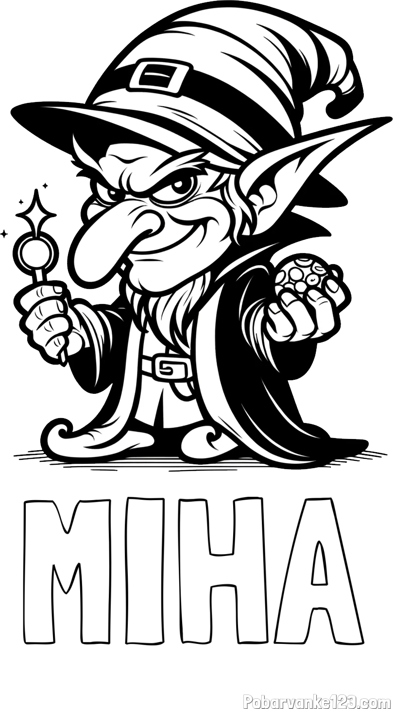 Pobarvanka imena MIHA in pobarvanka strašnega škrata z zlobnim nasmehom
