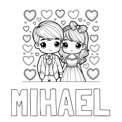 Online izdelana pobarvanka - Pobarvanka imena MIHAEL in pobarvanka dveh zaljubljencev s srčki