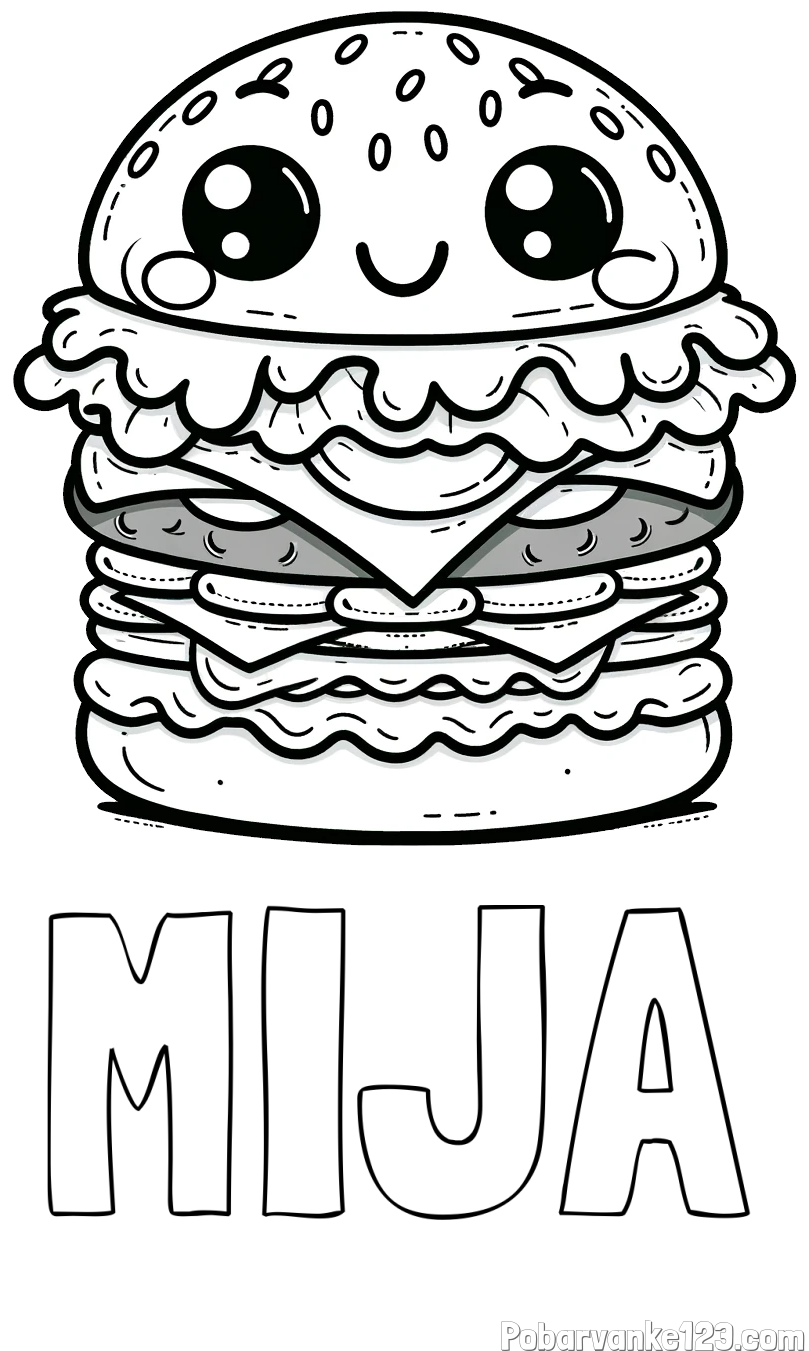 Pobarvanka imena MIJA in otroška pobarvanka nasmejanega hamburgerja