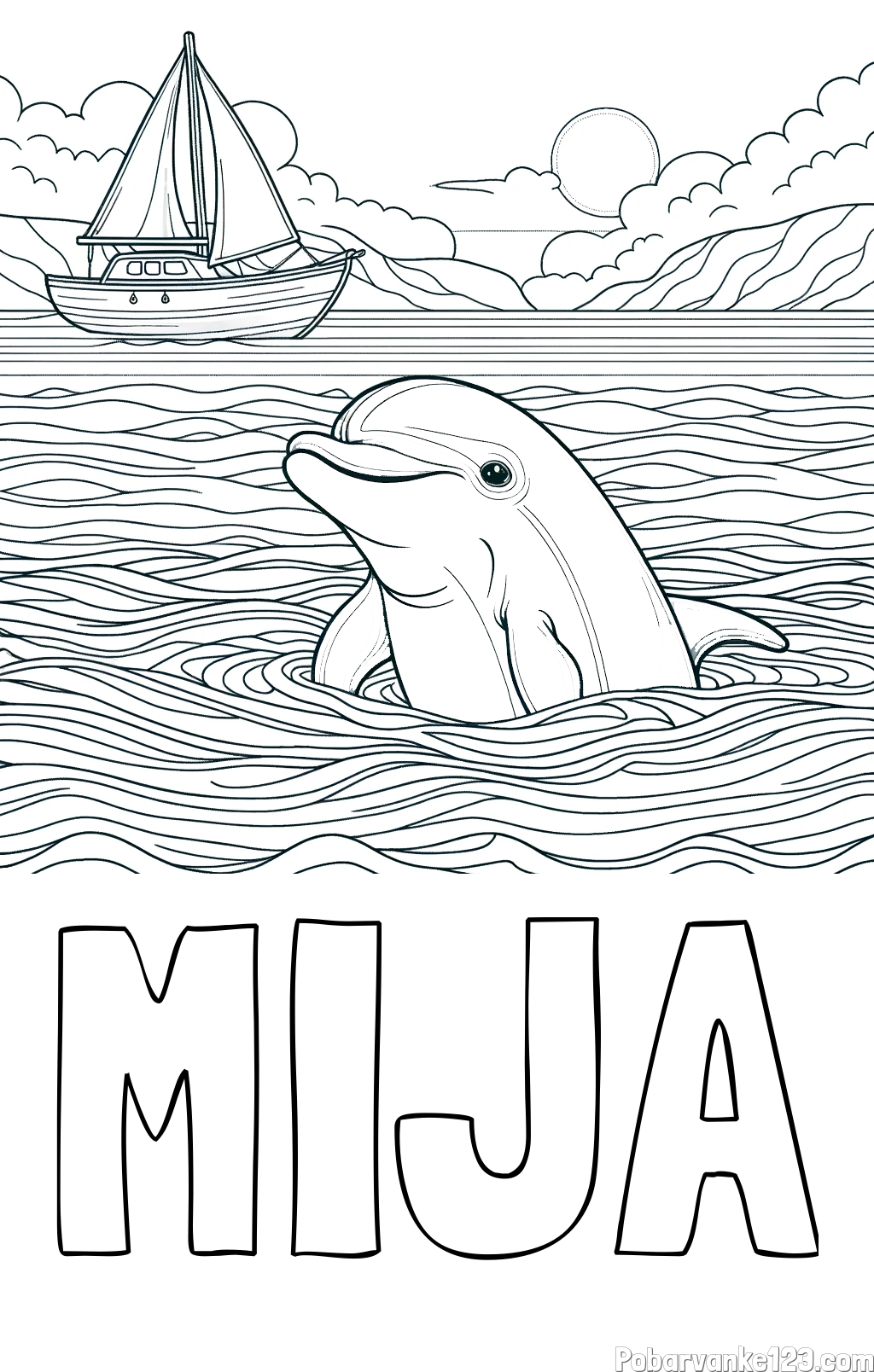Pobarvanka imena MIJA in pobarvanka delfina v morju ter jadrnice
